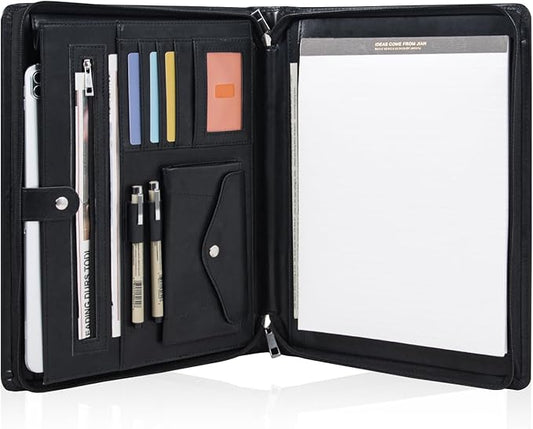 AZXCG Portfolio Binder, Leather Portfolio for Men, Padfolio for Women,Leather Folder, Portfolio Notebook, Gift for Women and Men, Black