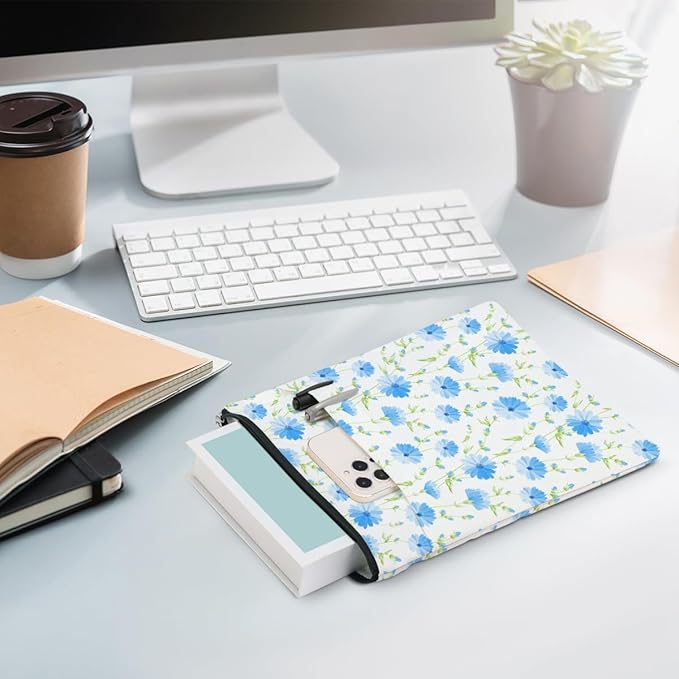 Blue Flowers Pattern Book Lovers Gifts Waterproof Book Sleeve Book Pouch Book Protector with Zipper and Front Pocket BookCover Case for Women Best Friend Sister Book Accessories Book Club Gifts