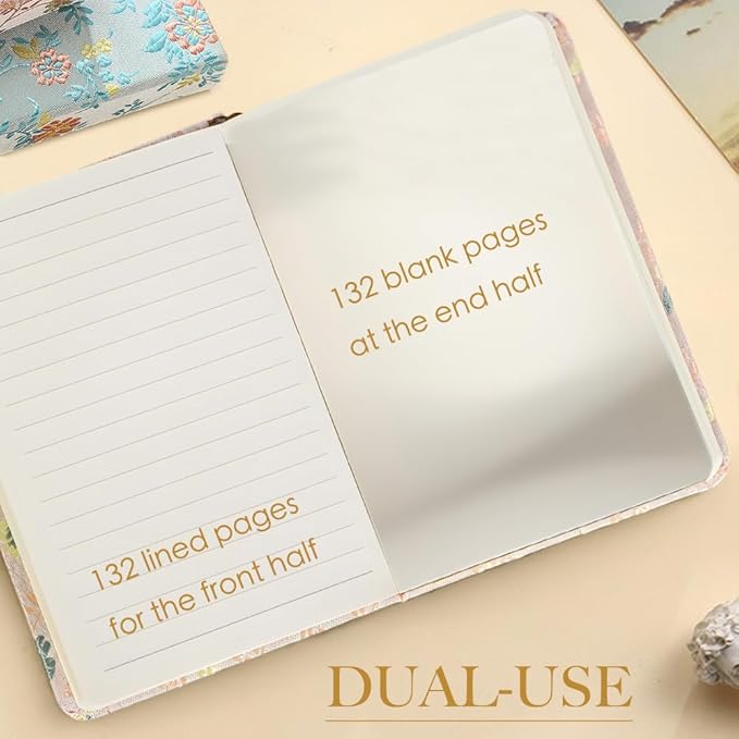 Pocket Notebook, A6, 4x6, Silk Cover, Hardcover, Lay Flat, Small Embroidered Journal, Cute Notebook, Lined Notebook & Sketchbook, Personal Writing Journal for Women, Beautiful Notebook, Beige