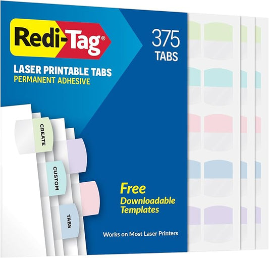 Redi-Tag Laser Printable Tabs, Permanent Index Tabs, Customizable Adhesive Labels, Assorted Pastel Colors, 1.125" x 1.25", 375 Per Pack (1006791)