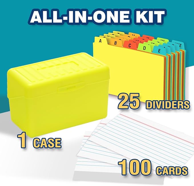 H4D 3x5 Index Card Holder with 100 Heavyweight Ruled Index Cards and 25 Plastic Dividers, Lime Green