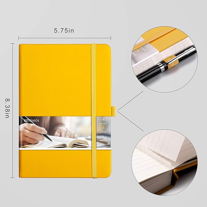 EMSHOI Lined Journal Notebook - 120gsm Thick Leather Journal with Sticky Notes, 256 Numbered Pages A5 Hardcover College Ruled Notebook for Women Men Work School Writing, Medium 5.75" x 8.38"-Yellow