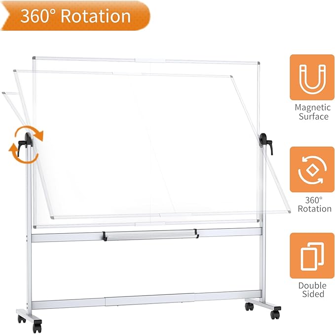VIZ-PRO Double-Sided Mobile Whiteboard, 60 x 48 Inches, Magnetic Rolling Dry Erase White Board on Wheels with Aluminium Frame and Stand