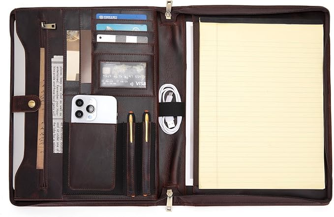 Personalized Genuine Leather Portfolio Binder, Zippered Padfolio for Men Women, Business Folio with 8.5” x 11” Notebook Holder and 13” Laptop Sleeve, Professional Folder, Dark Brown, Oil Tanned