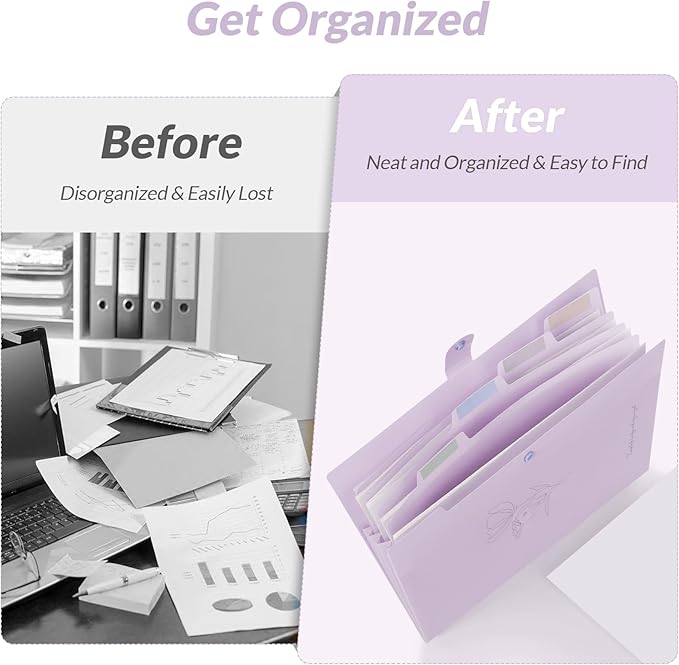 SKYDUE Expanding File Organizer with 5 Pockets, Accordion File Folders with Labels, Portable Document Paper Bill Receipt Organizer, Home College School Office Supplies, Letter Size, Lilac