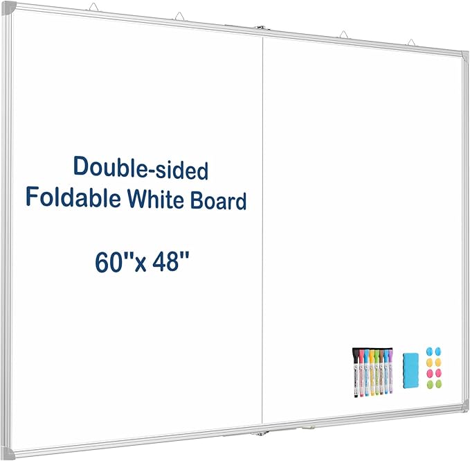 WALGLASS Large White Board Dry Erase Board, 60" x 48" Double-Sided Foldable Dry Erase Board for Wall, Magnetic Whiteboard for Office, Home, School, Kitchen