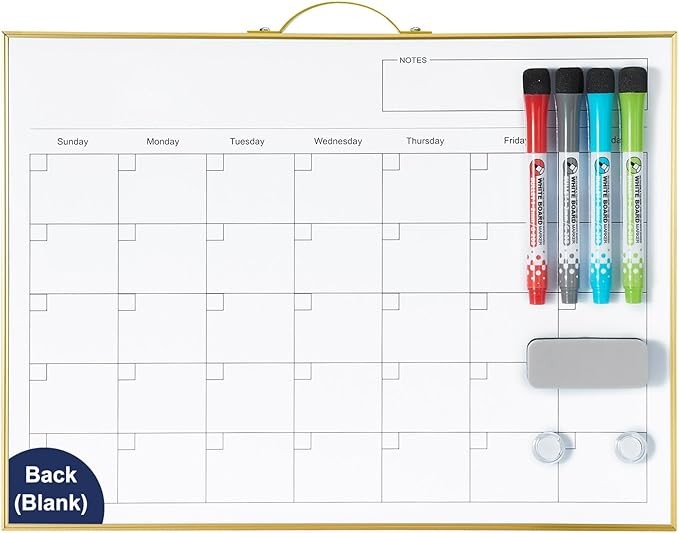 TSJ OFFICE White Board Calendar - 12 X 16 Inches Magnetic Dry Erase Board Monthly Calendar, Double Sided Whiteboard with a Handle, to Do List Notepad for Office, Home, School, Gold Aluminum Frame