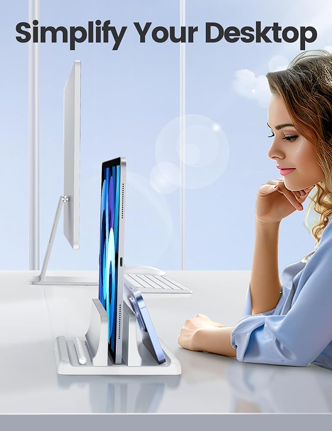 Vaydeer Vertical Laptop Stand Holder Plastic Adjustable Desktop Notebook Dock Space-Saving 3 in 1 for All MacBook Pro Air, Mac, HP, Dell, Microsoft Surface, Lenovo, up to 17.3 inches (White)