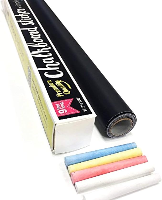 Extra Large Chalkboard Peel and Stick Paper 9 Feet roll (108 inches) + (5) Color Chalk Included - by Simple Shapes