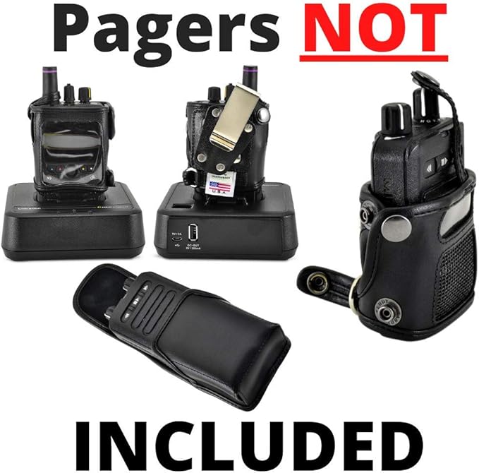 Made for Unication G1 Voice Pager Fire Radio Phone Black Leather Fitted Case with Heavy Duty Ratcheting Removable Metal Belt Clip