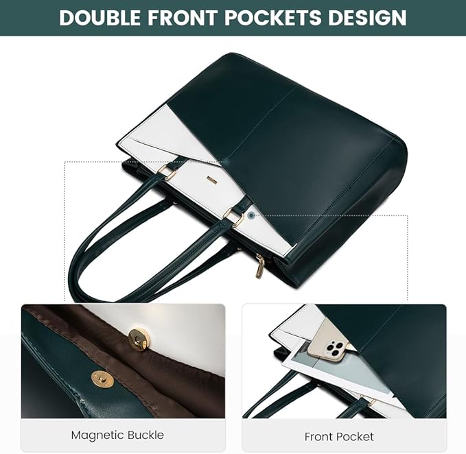 LOVEVOOK Laptop Bag for Women 15.6 Inch Tote Bags Waterproof Leather Briefcase Computer Women Business Office Work Bag,Green/White