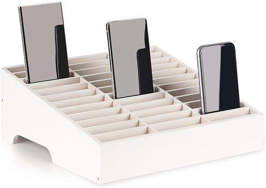 Wooden 36-Grid Cell Phones Storage Box Desktop Mobile Phone Holder Organizer for Office School Classroom (36-Grid White)