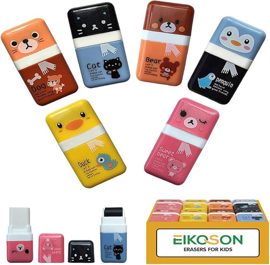 24 Pack of Pencil Erasers,Pencil Eraser Shaving Roller Case for Easy Pick Up and Removal | Animal Themed Cute and Fun Party Favor and School Supplies for Kids,Back to School Gift