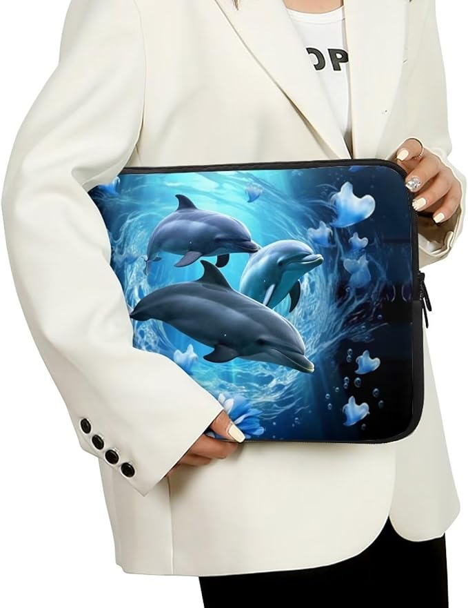 Dolphin Computer Sleeve for Women Men 17 inch Laptop Sleeve Durable Lap Top Case with Multiple Uses Tablet Bag Kawaii Animal Laptop Carrying Case Blue Flower Briefcase