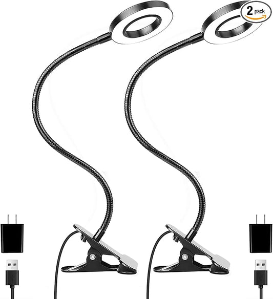 Desk Clip on Lamp for Reading Home Office, with 5V 2A Adapter, 10 Dimmable Brightness 3 Modes, Clamp Reading Light for Bed Headboard, Craft (2packs, Black)…