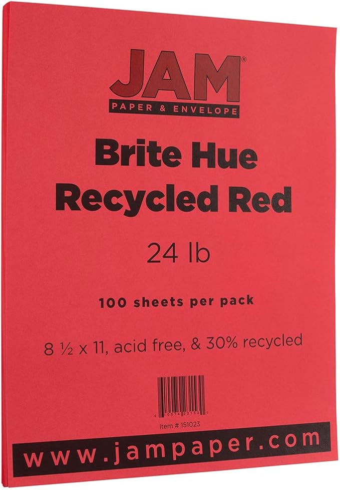 JAM PAPER Colored 24lb Paper - 90 gsm - 8.5 x 11 - Red Recycled - 100 Sheets/Pack
