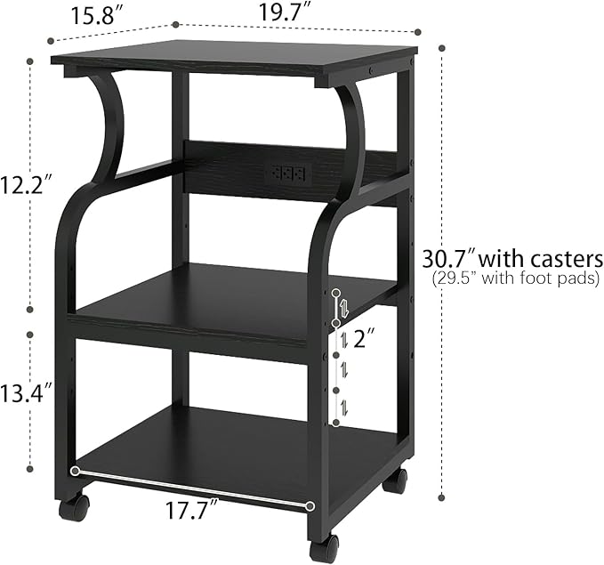 Natwind 3 Tier Printer Stand,Printer Table with Adjustable Storage Shelf, Rolling Printer Cart with Wheels for Home Office Organization,Multifunctional Shelves for Heat Press,3D Printer (Black)