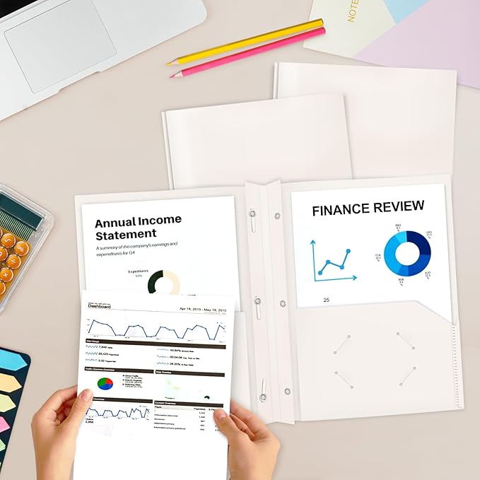 ViVin 12-Pack Sturdy Plastic Folders with Pockets and Prongs, 2 Pocket Folders with 3-Prong Fasteners, Holds 8.5 * 11 Letter Size Paper, for School, Home and Office (White)