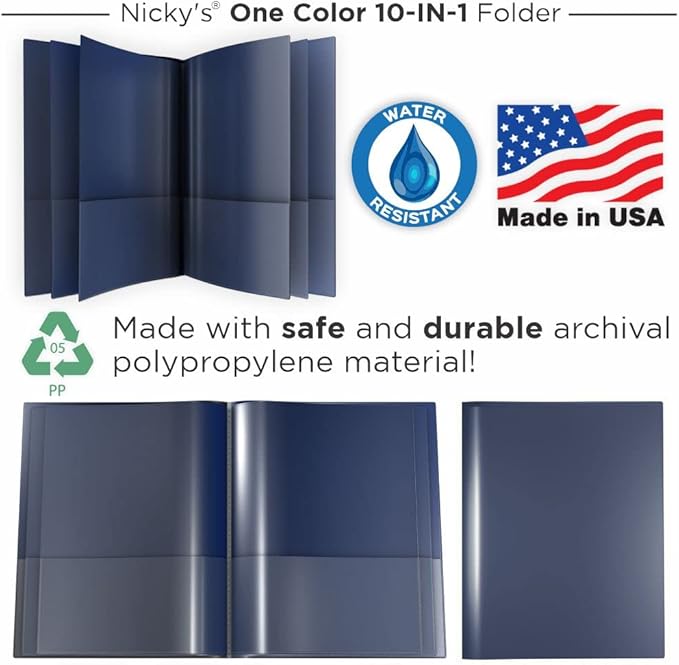 Nicky's® Multi Pocket Organizer, 10 or 14 Page Folder, Waterproof, Patented Tear-Resistant, Flexible Plastic, Proudly Made in USA, Binder Substitute. (10-in-1 Navy Blue)