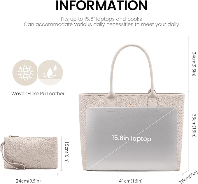 LOVEVOOK Laptop Purses and Handbags for Women, 15.6 Inch Computer Bag Work Tote Briefcase Satchel Handbags for Women with Small Clutch, Beige