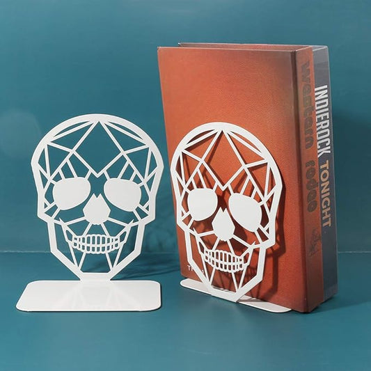 Metal Skull Design White Bookend - Heavy-Duty Bookends for Shelves, Skull Book Ends for Heavy Books, Book Shelf Holder Home Office Decorative Desktop Organizer (1 Pair-White)