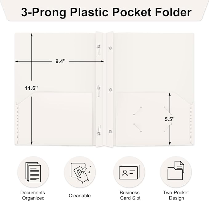 ViVin 12-Pack Sturdy Plastic Folders with Pockets and Prongs, 2 Pocket Folders with 3-Prong Fasteners, Holds 8.5 * 11 Letter Size Paper, for School, Home and Office (White)