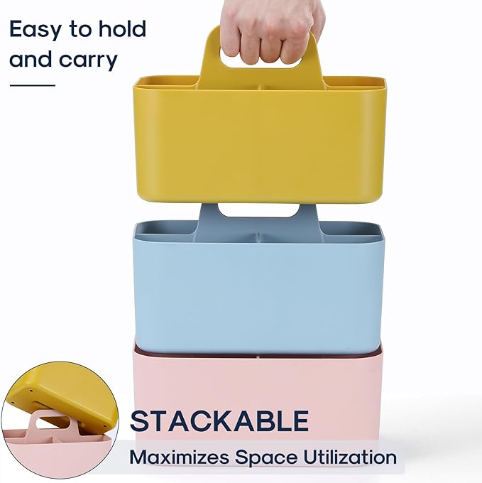 Multiuse Caddy Organizer w/ Handle - Stackable Plastic Tote Bin - Art Craft Supplies, Office, Desk, Stationery Pen Holder, Kitchen, Utensil, Makeup, Bathroom, Shower, Cleaning, Dorm Organizer - Yellow