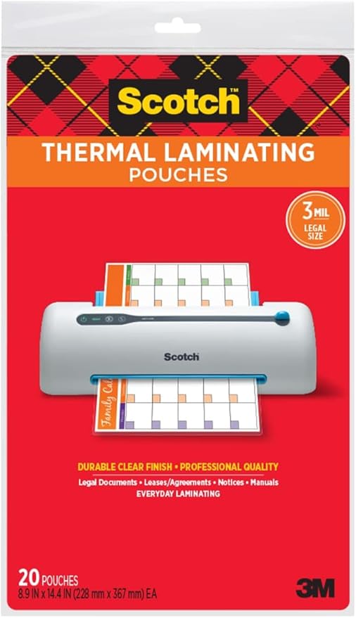 Scotch Thermal Laminating Pouches, 8.9 x 14.4-Inches, Legal Size, 20-Pack (TP3855-20)