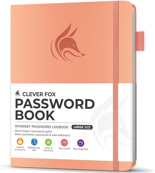 Clever Fox Password Book with Alphabetical tabs. Internet Address Organizer Logbook. Large Password Keeper for Website Logins (Peach Pink)