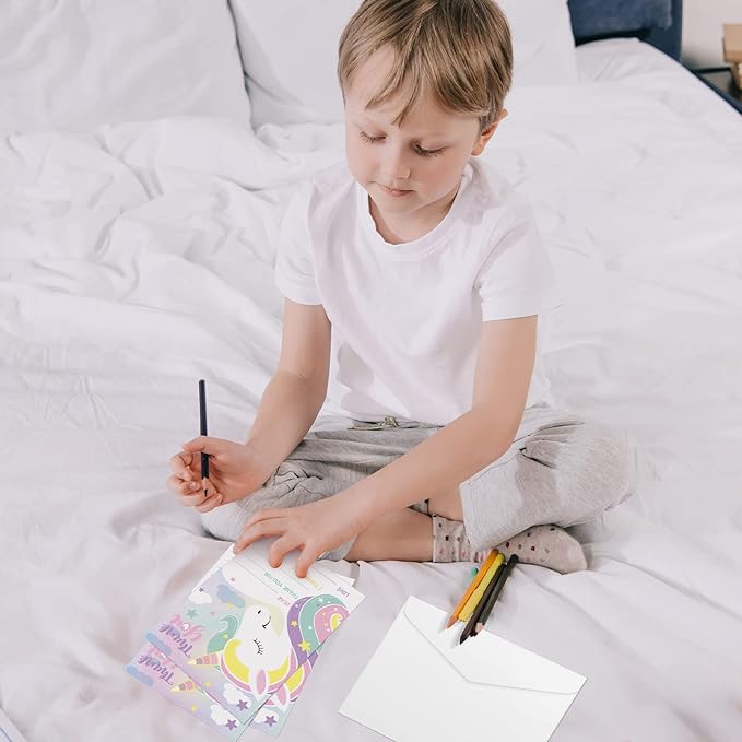 Eaasty 72 Pieces Kids Thank You Cards Fill in the Blank Thank You Notes with Envelopes Colorful Thanks Cards for Birthday Party(Unicorn Style)