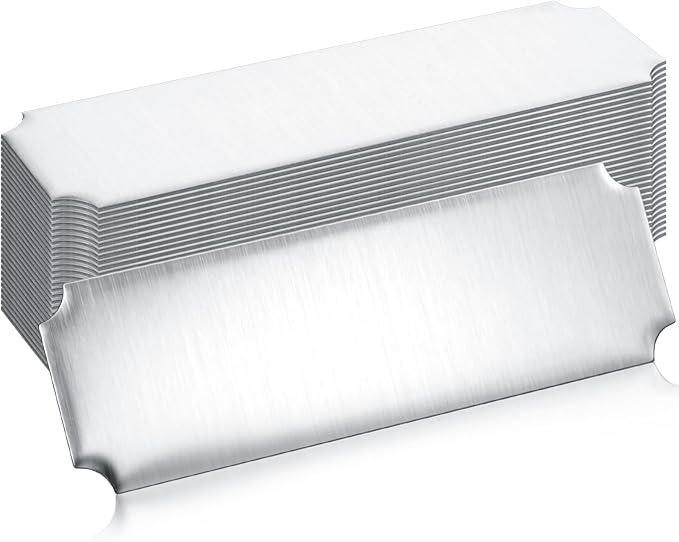 Therwen 30 Pcs Name Plates Laser Engraved Brushed Stainless Steel Plate Personalized Plaque Blank Custom Name Tag Frame Label with Adhesive Backing(Silver Notched Corner,1''x 3'')