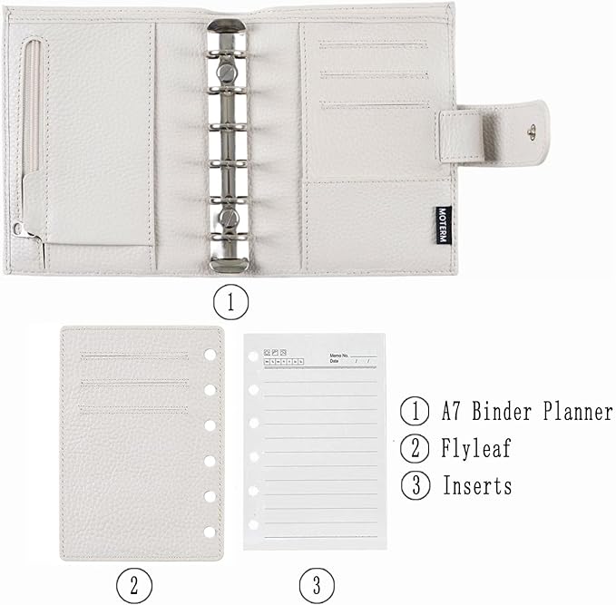 Moterm Pocket Regular Rings Planner - Genuine Leather Binder Organizer (Pebbled-Cream, 19mm Ring)