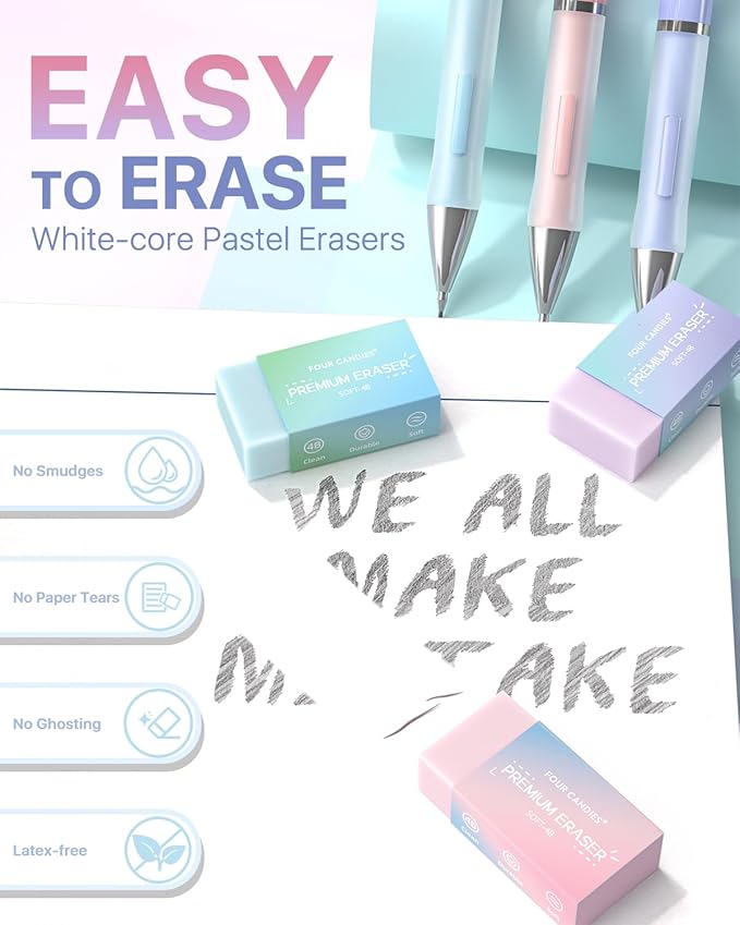 Four Candies 0.9mm Mechanical Pencil Set - 6PCS Cute Pencils with 360PCS HB & 2B Lead Refills, 3PCS Pastel Erasers and 9PCS Eraser Refills, Aesthetic School Supplies for Student Writing Drawing