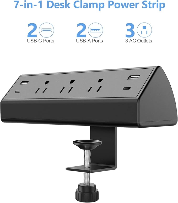 Desk Clamp Power Strip USB C,Desktop Mount Surge Protector,40W Fast Charging Station,2 PD 20W USB C Ports,3 Outlets,6FT Flat Plug,Desk Edge Power Strip for Home,Office,Fit 1.96" Tabletop Edge