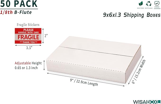 DVD Shipping Boxes 9"L x 6"W x 1.3"H Easy-Fold Small Box for Mailing, Storing, Package, Gifts, Crafts, Business or Home, with Fragile Stickers, White, 50-Pack