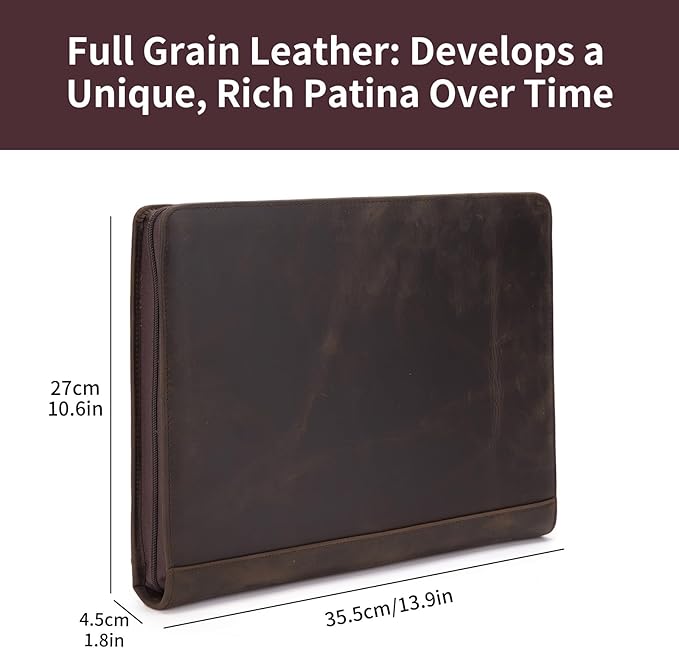Personalized Genuine Leather Portfolio Binder, Zippered Padfolio for Men Women, Business Folio with 8.5” x 11” Notebook Holder and 13” Laptop Sleeve, Professional Folder, Dark Khaki