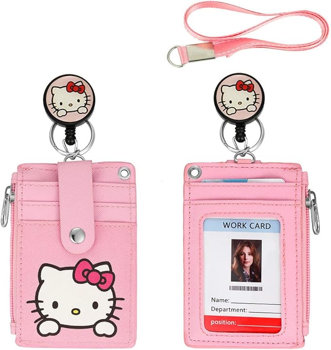 Cute Badge Holder Retractable Lanyard Reel Clip with Heavy Duty Carabiner, 1 Clear ID Window, and 4 Card Slots in 2 Sided for Students Teens Boys Girls Women