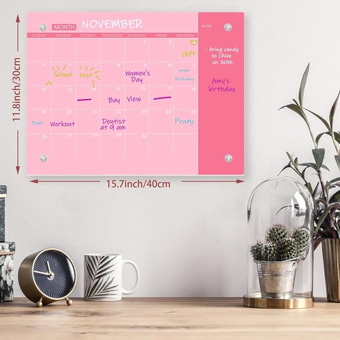 Glass Dry Erase Whiteboard, Monthly Calendar Whiteboard, Frameless Glass White Board for Home, School, Office, Pink Surface, 12" x 16"(GlassA-PK-3040)