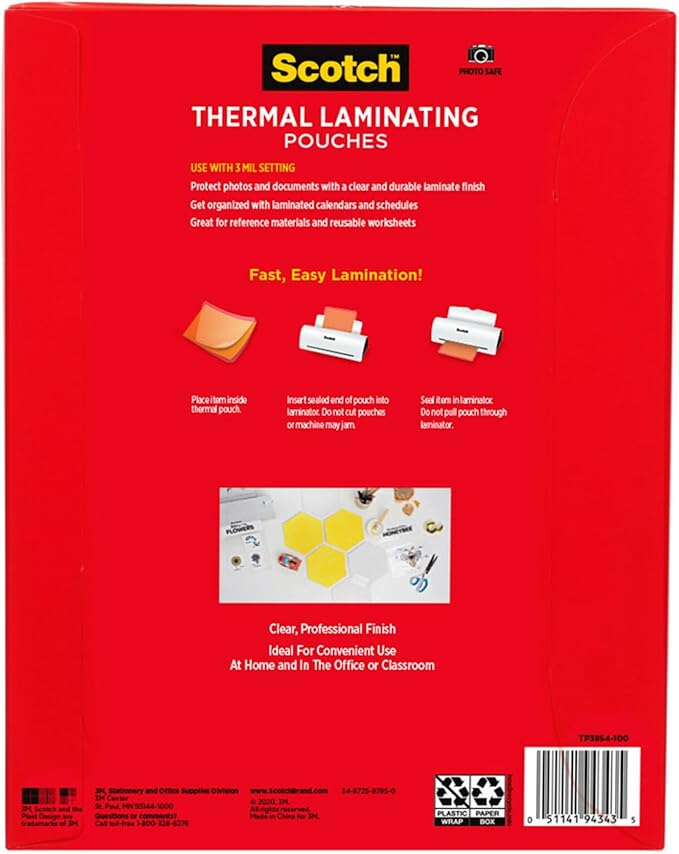 Scotch Thermal Laminating Pouches, For Use With Thermal Laminators, 8.9 x 11.4 Inches, Letter Size Sheets, 100 Count (Pack of 1)