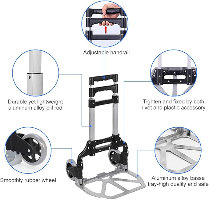 Folding Hand Truck, 165lbs Capacity Lightweight Portable Folding Dolly Multi-fuctional Foldable Hand Cart Heavy Duty Utility Cart for Home Shopping Office and Travel Use (Black 2 TPR Wheels)