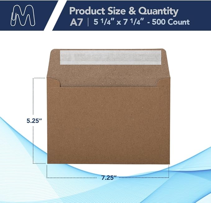 MOS A7 Invitation Envelopes – 5-1/4" X 7-1/4" Kraft Mailing Envelopes Self Seal (500 Count) – 120GSM/ 32LB Bond Heavy Duty – Gift Card, Business, Wedding, Card