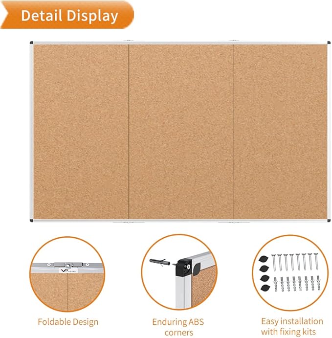 VIZ-PRO Large Cork Bulletin Board/Foldable Noticeboard, 96 X 48 Inches, Silver Aluminium Frame