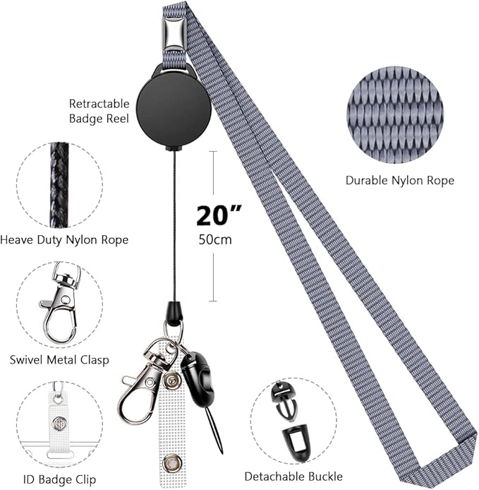 6 Pack Retractable Badge Lanyards and ID Badge Holder, Strap Lanyard with Swivel Metal Clasp for Badge Holders, Keychains, Offices, Staff, Students, Employees, Grey