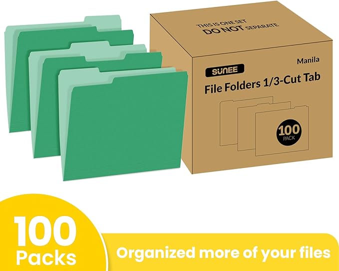 SUNEE File Folders Letter Size Green, 100 Pack Manilla Folders 8.5 x 11 1/3-Cut Tabs, Colored File Folders Office Home School for Documents Files Paper