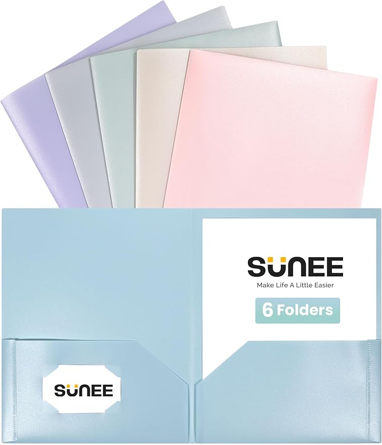 SUNEE Folders with Pockets (6 Pack, Pastel Colors), Plastic Folders with Pockets, Poly Folders for Documents Letter Size, 2 Pocket Folders for Kids, Home, School, Office