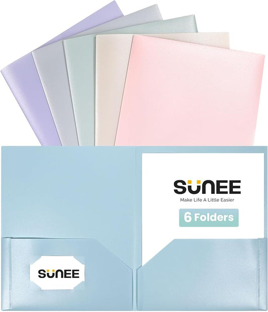 SUNEE Folders with Pockets (6 Pack, Pastel Colors), Plastic Folders with Pockets, Poly Folders for Documents Letter Size, 2 Pocket Folders for Kids, Home, School, Office