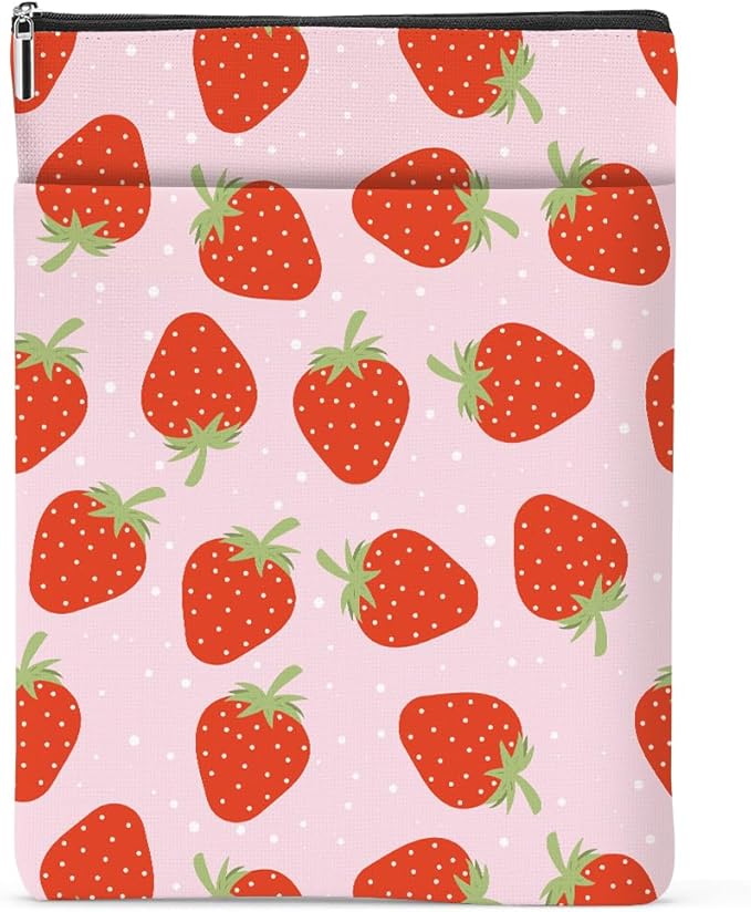 Strawberry Pattern Book Lovers Gifts Waterproof Book Sleeve Book Pouch Book Protector with Zipper and Front Pocket BookCover Case for Women Girl Daughter Mom Book Accessories Book Club Gifts