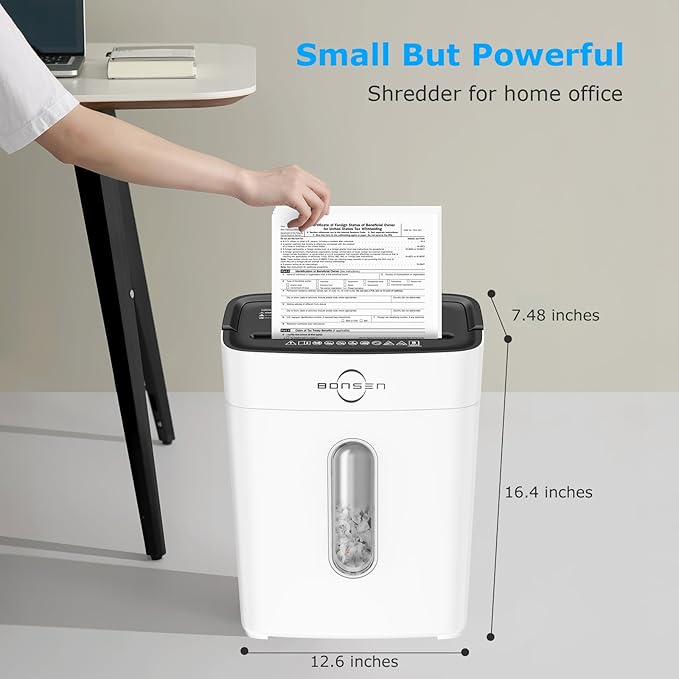 BONSEN White Paper Shredder for Home Office, 8-Sheet Cross-Cut Paper and Credit Card Small Office Shredders, High Security Level P-4 Ultra Quiet Shredder with 4 Gallons Wastebasket (S3101-W)