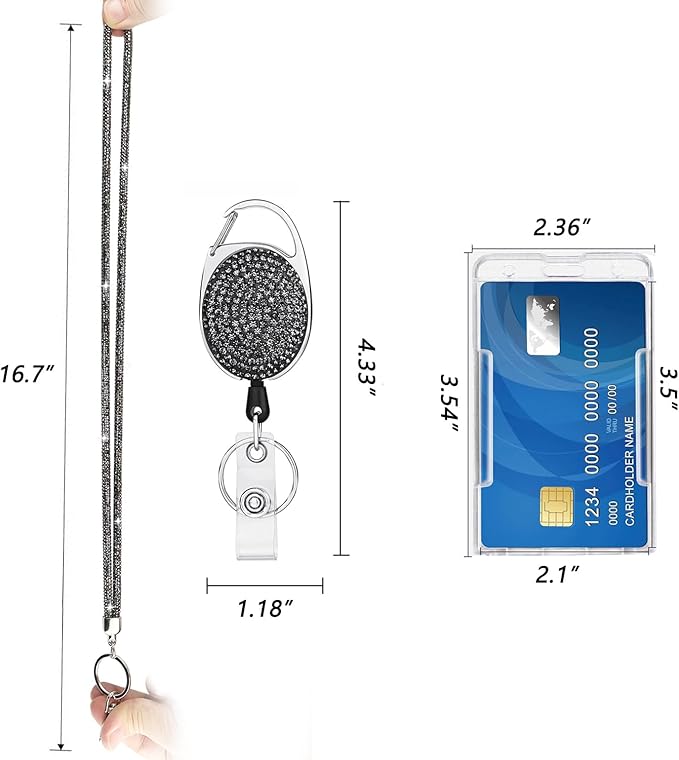 VIQWYIC Retractable ID Badge Holder with Clip, ID Name Badge Reels with Bling Rhinestones Retractable Card Holder for Office Worker Teacher Doctor Nurse (Light Black)