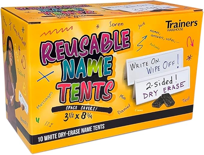 Trainers Warehouse Heavy Duty Premium Space-Saver Reusable Name Cards, White, Dry-Erase Tent, 8.75" x 3" (50)